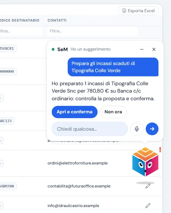 SeM, l’assistente di GestPro, propone di preparare un incasso scaduto da confermare