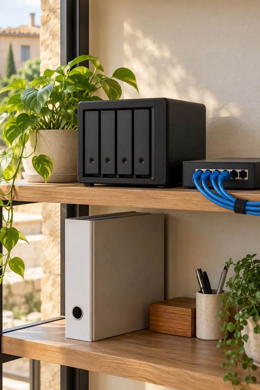 Un’unità di archiviazione di rete con quattro dischi e uno switch su uno scaffale d’ufficio