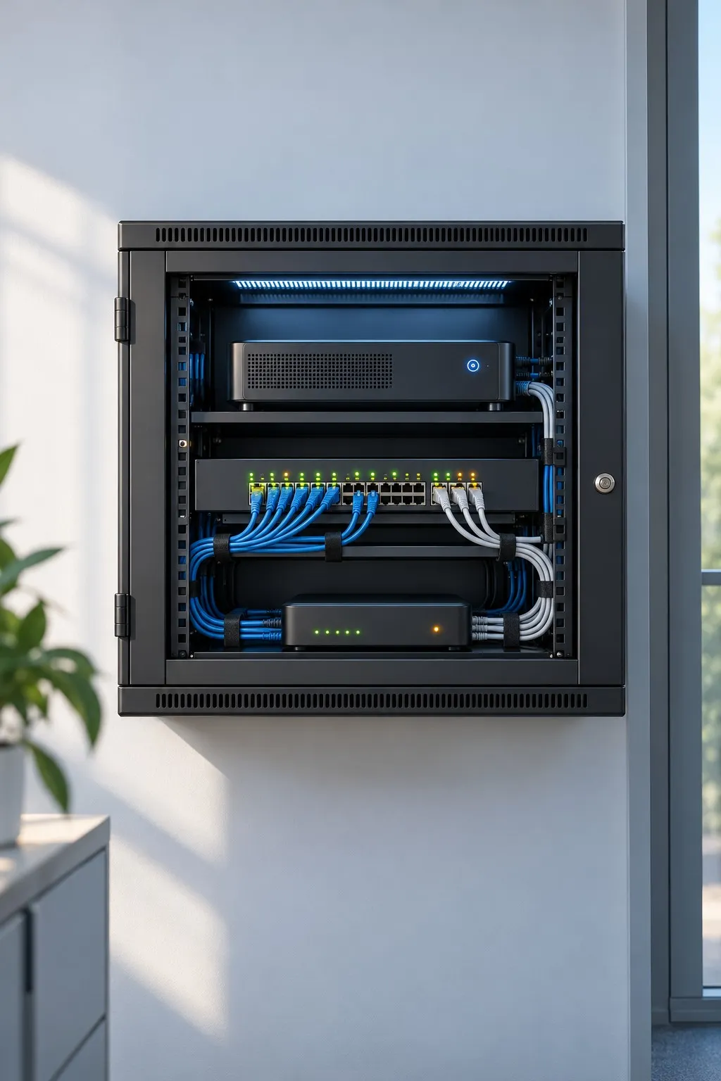 L’armadio di rete a parete di un piccolo ufficio, con switch e cavi ordinati