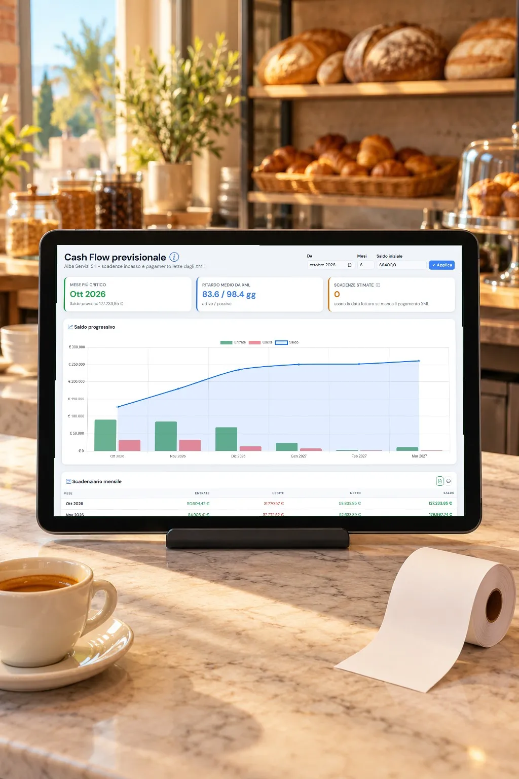 Il flusso di cassa previsionale di BiPro su un tablet, nel retro di un forno