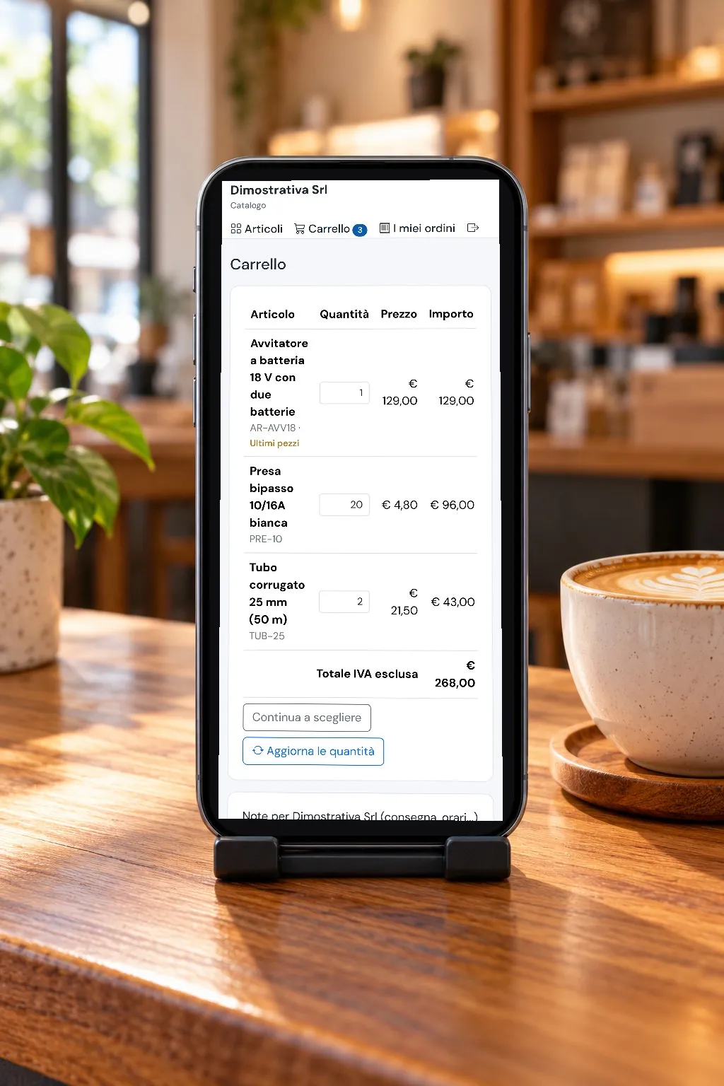 Il carrello di GestPro Catalogo su un telefono appoggiato al bancone