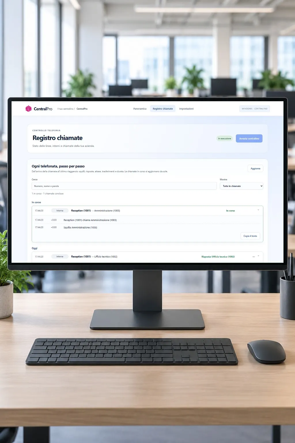 Il registro chiamate di CentralPro sul monitor di un ufficio